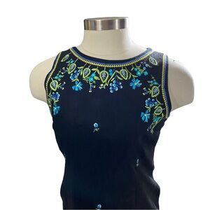 Ultra Dress NY Black Linen Embroidered Floral Sleeveless Maxi Dress Sz 16 Lined